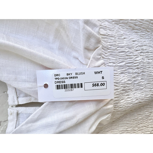 NWT Sky Blush Sleeveless Linen Smocked Ruffle V Neck Mini Dress White Size Small - Picture 4 of 7